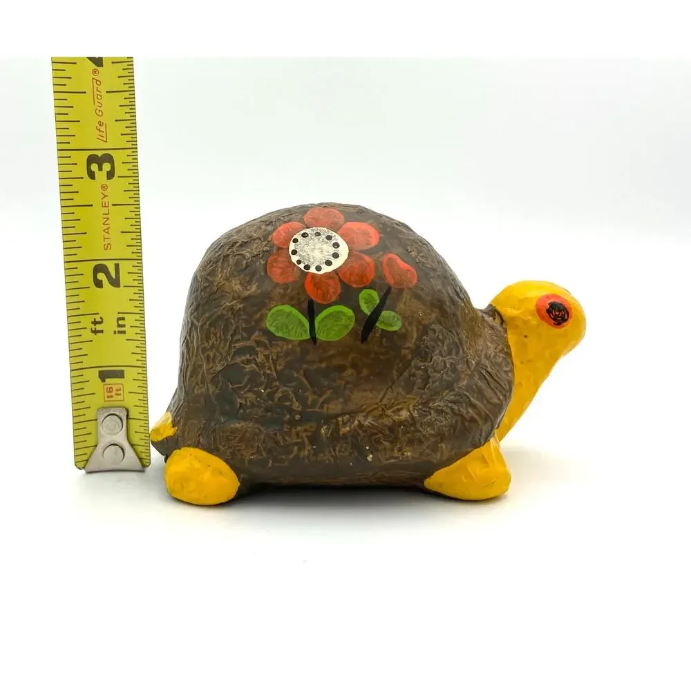Vintage Ceramic Turtle Coin Bank 1970s Hippie Boho Flowers READ